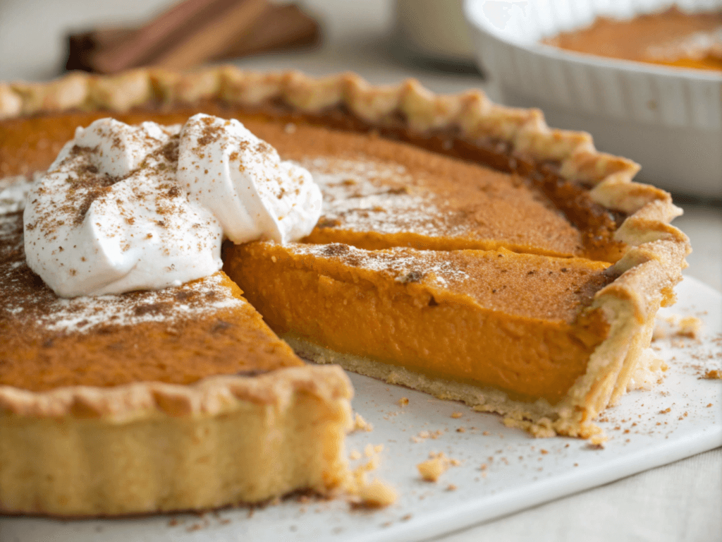 A close-up of a golden-brown sweet potato pie with a slice removed, revealing the creamy interior