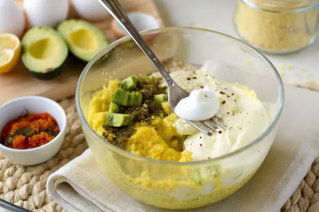 A close-up of a mixing bowl filled with mashed egg yolks, avocado, and Greek yogurt. Ingredients like mustard, hummus, and spices are neatly arranged on the counter with a fork mid-mix.