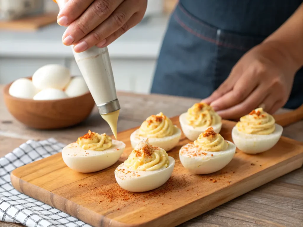 A person using a piping bag to carefully fill halved egg whites with a creamy, mayo-free mixture. The eggs are placed on a wooden cutting board, with a sprinkle of paprika on one of them for gar