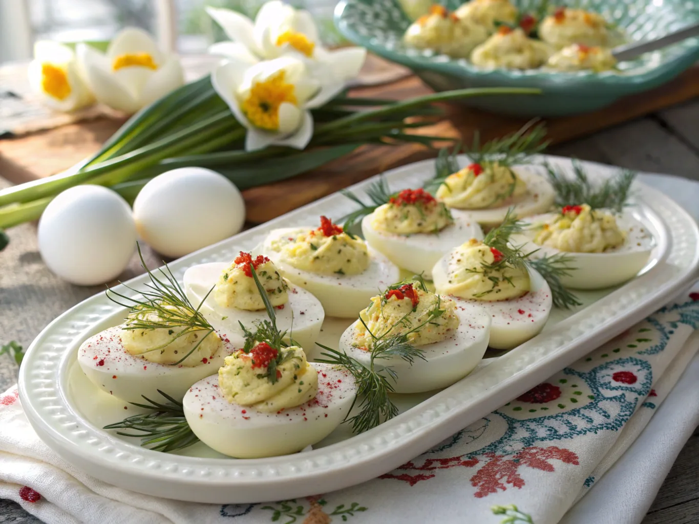 A platter of beautifully arranged healthy deviled eggs without mayo, garnished with fresh dill, paprika, or chives