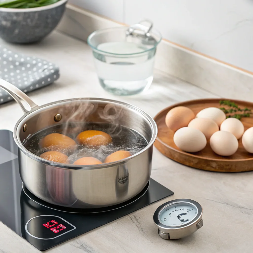 A saucepan with eggs boiling on a stovetop, steam rising, and a timer in the background. Nearby, an ice water bath with eggs cooling, ready to peel, placed on a clean kitchen counter