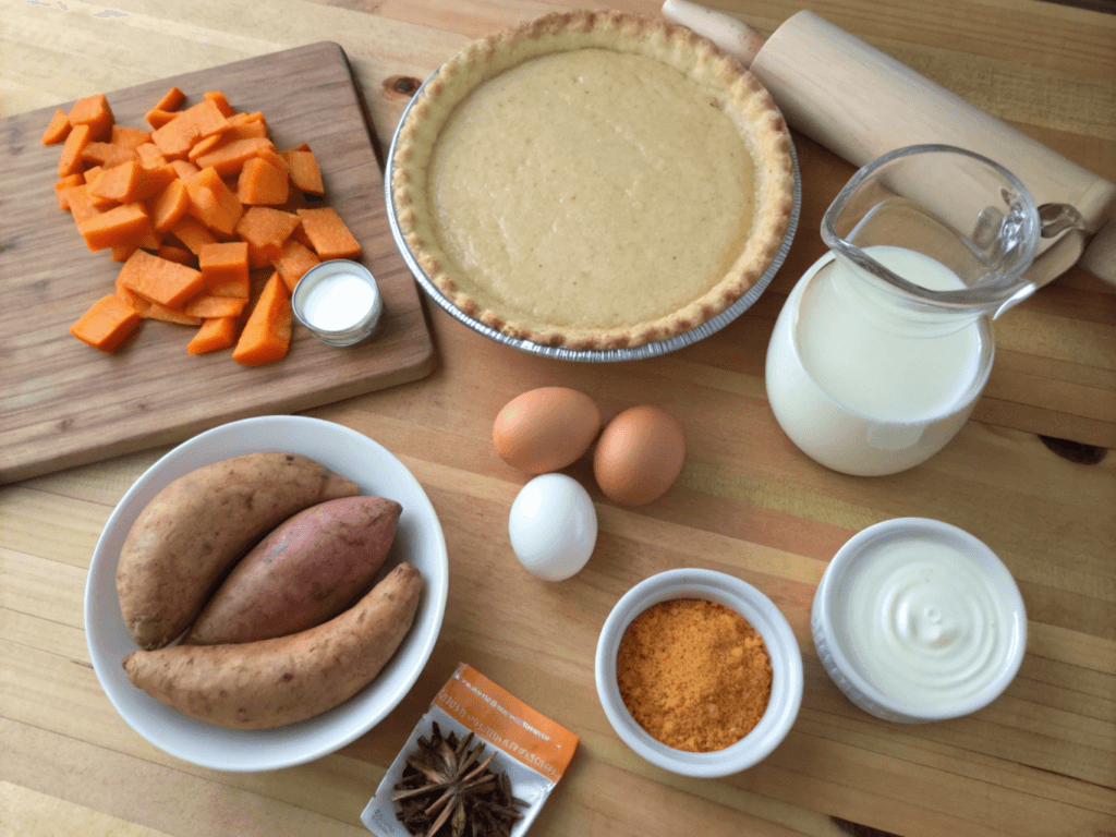 Ingredients laid out on a kitchen counter, including sweet potatoes, spices, and pie crust.