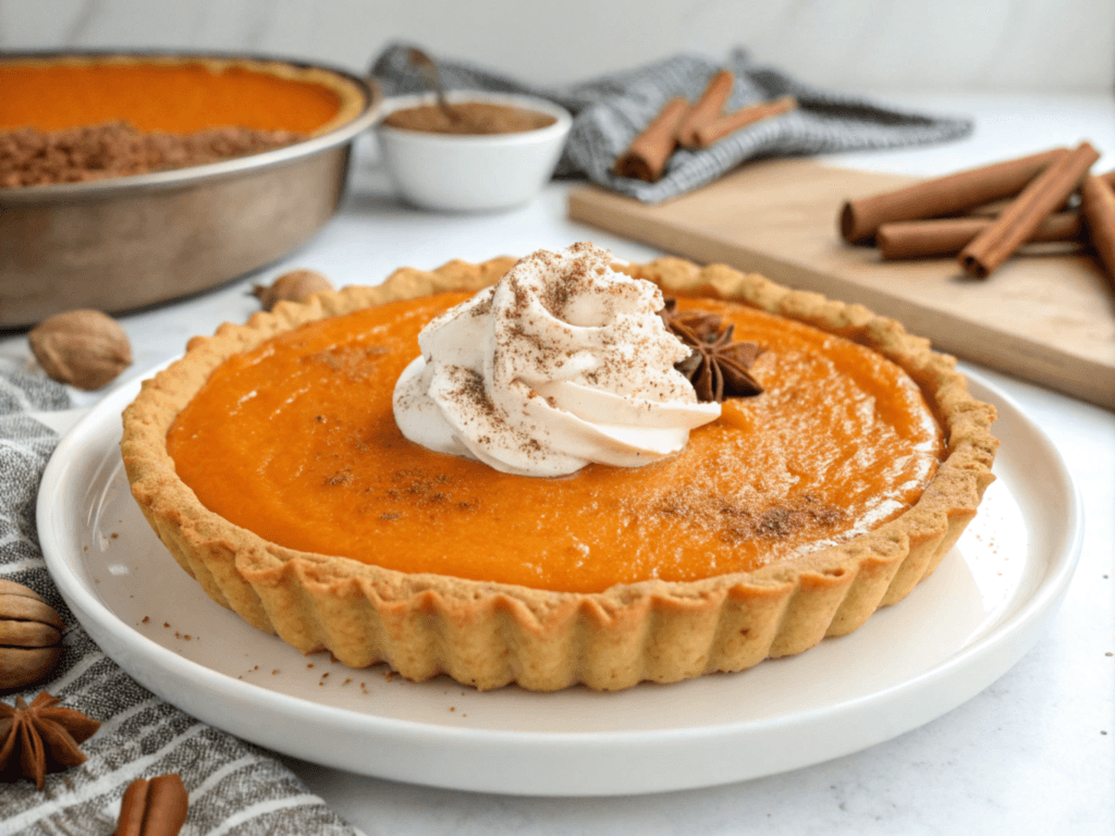 Sweet_potato_pie beautifully presented with vibrant colors and a flaky crust, perfect for a food blog post