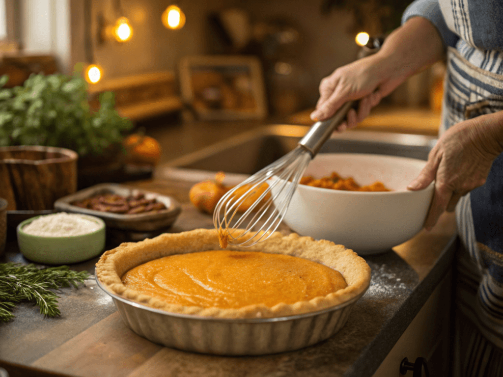 Sweet potato pie in the process of being prepared in a cozy kitchen, with hands whisking filling and a crust ready to be filled