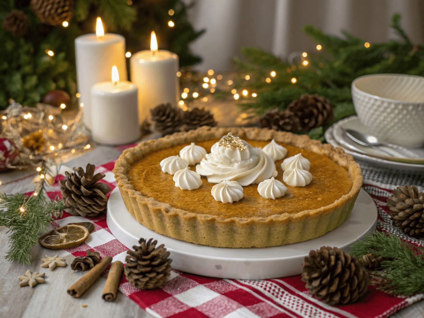 Sweet potato pie topped with whipped cream on a holiday-themed table with pinecones, candles, and festive décor