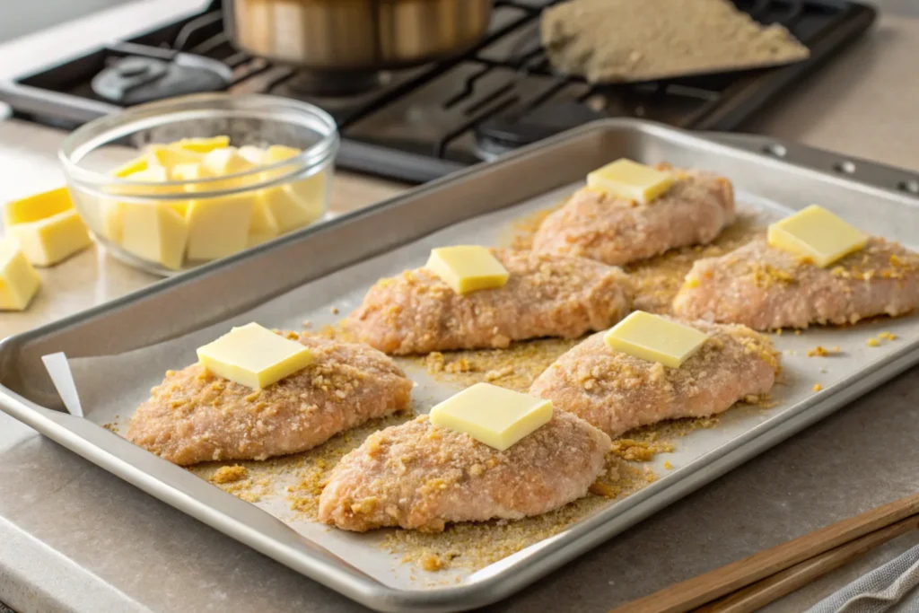 Breaded chicken on a baking sheet with melted butter ready for the oven.