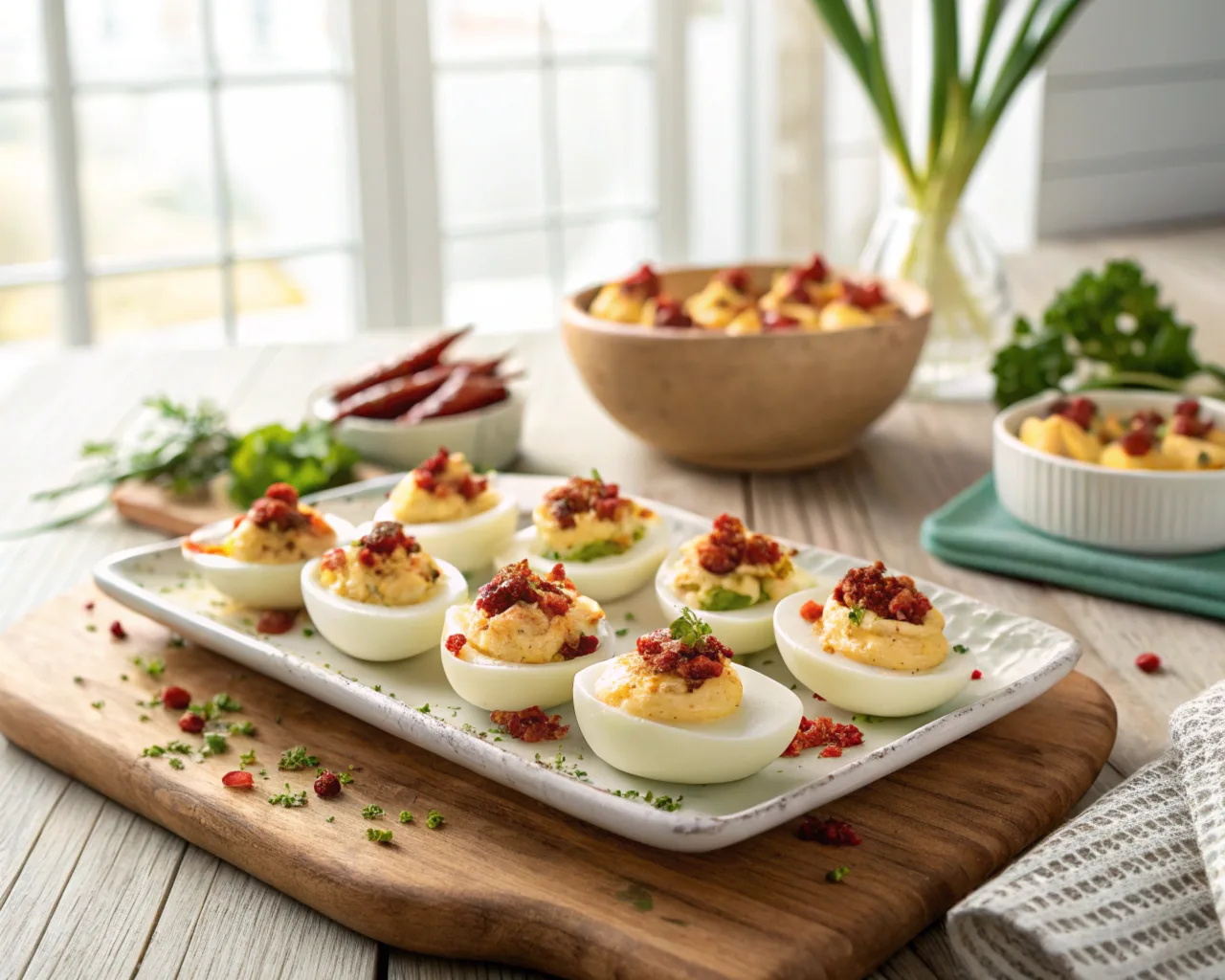 A beautifully arranged platter of deviled eggs garnished with paprika and fresh herbs, perfect for a festive gathering