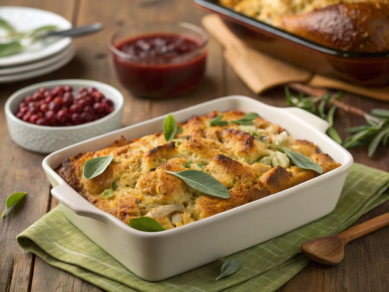 A beautifully baked cornbread-dressing in a casserole dish, golden brown and slightly crispy on top. It’s garnished with fresh sage leaves and served on a wooden table with side dishes like cranberry sauce and roasted turkey in the background, ready to serve.