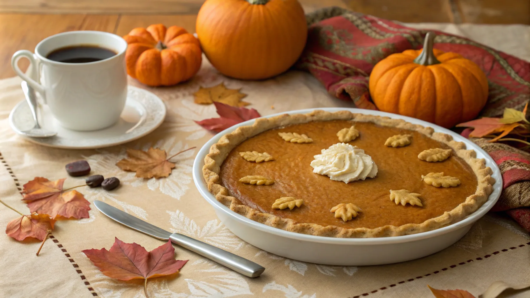 A beautifully decorated table with a sweet potato pie as the centerpiece. The pie is surrounded by autumn-themed decor, such as small pumpkins, fall leaves, and a warm-toned tablecloth. A serving knife is beside the pie, ready to cut into it, with a steaming cup of coffee nearby for a cozy atmosphere