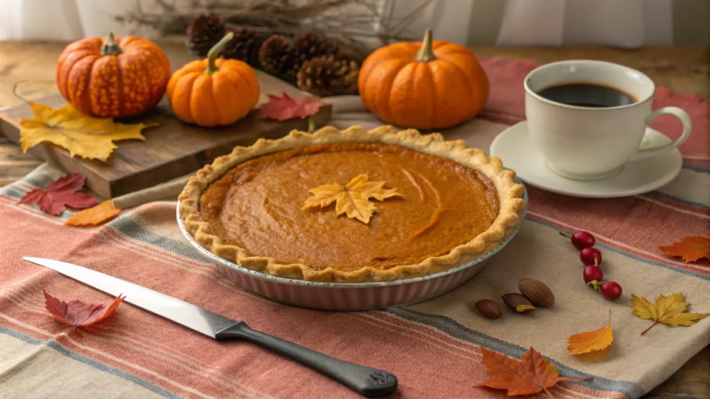 A beautifully decorated table with a sweet_potato pie as the centerpiece. The pie is surrounded by autumn-themed decor, such as small pumpkins, fall leaves, and a warm-toned tablecloth. A serving knife is beside the pie, ready to cut into it, with a steaming cup of coffee nearby for a cozy atmosphere