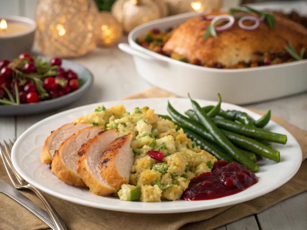 A beautifully plated serving of cornbread stuffing, golden brown with visible chunks of celery and onion. It’s paired with roasted turkey, green beans, and cranberry sauce on a holiday-themed dinner table with warm, festive lighting.