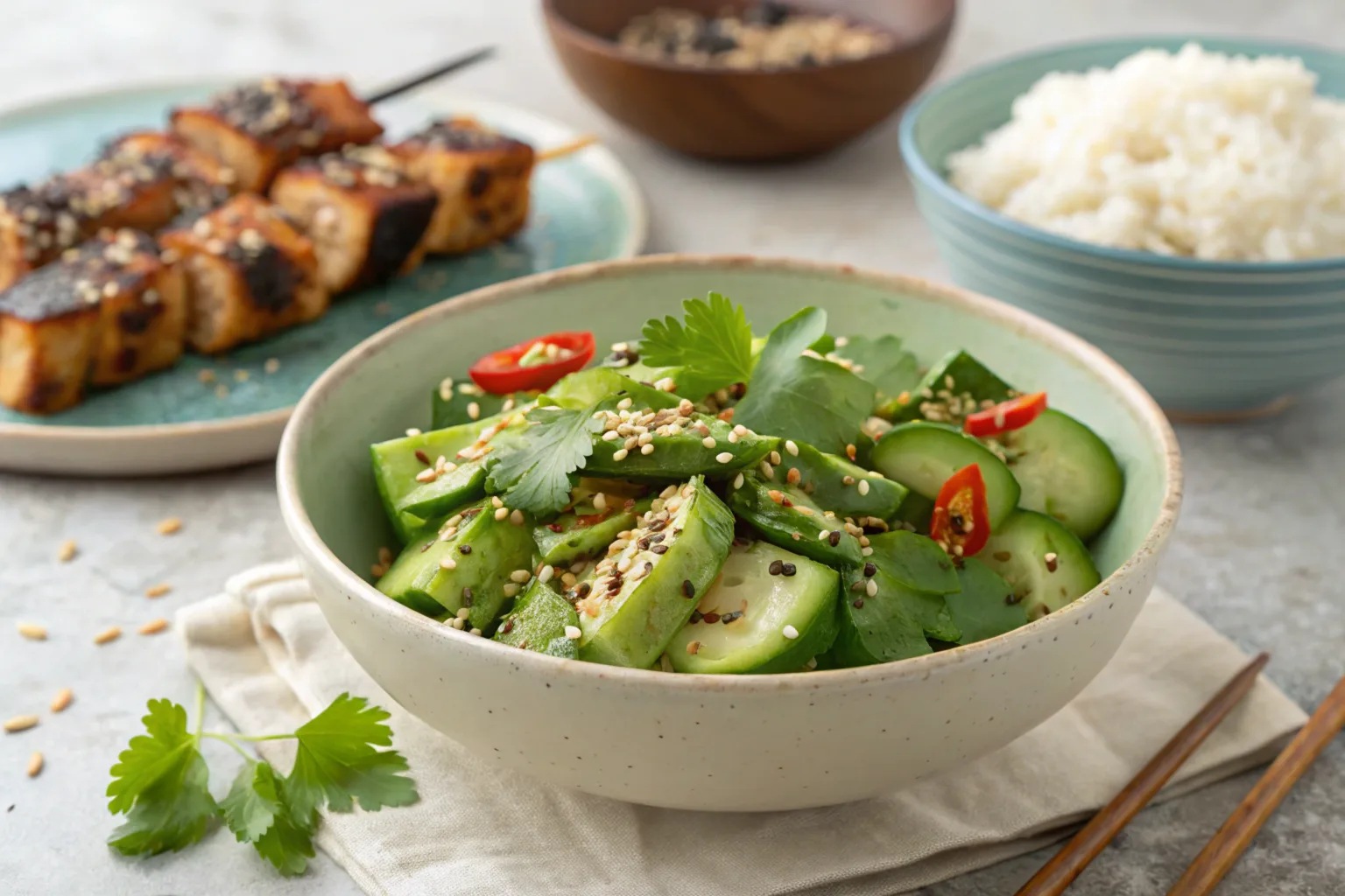 Spicy cucumber salad served with grilled chicken and steamed rice.