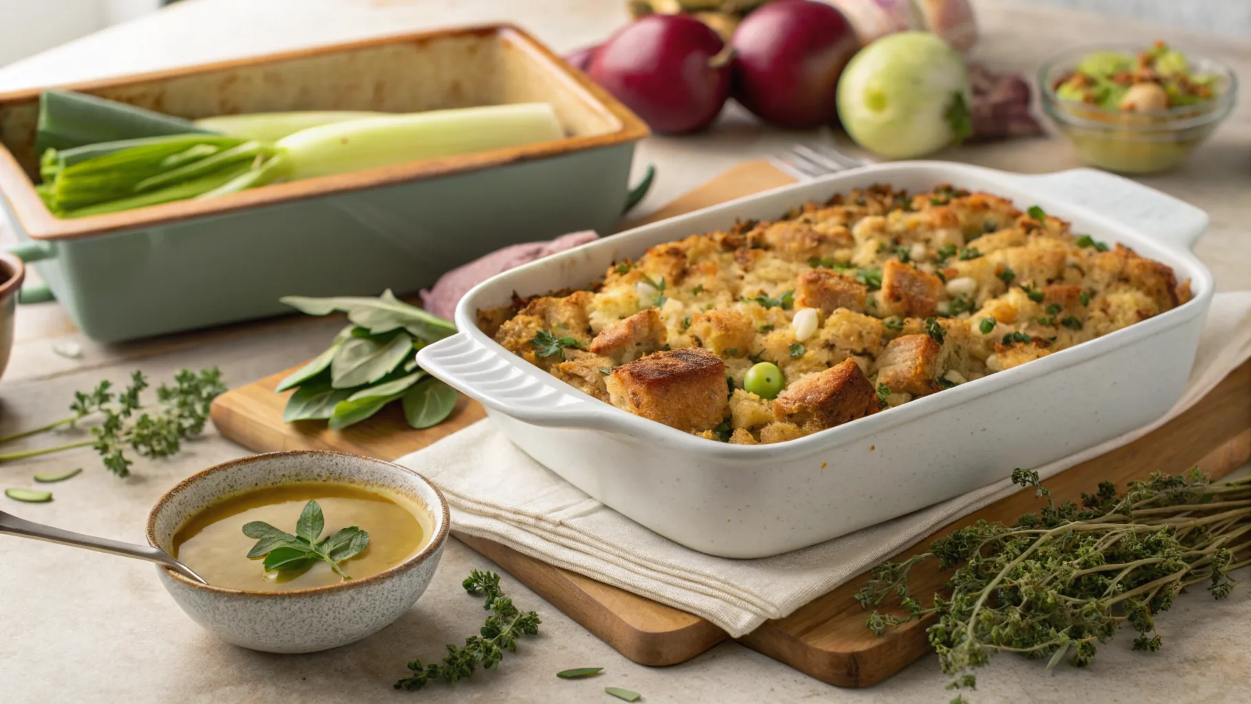 A beautifully styled kitchen countertop showcasing a completed casserole dish of golden-brown cornbread stuffing. The stuffing is garnished with fresh herbs like thyme and sage, and surrounded by ingredients from the recipe—crumbled cornbread, diced celery, onions, and a bowl of vegetable broth. The warm lighting enhances the cozy and comforting appeal of the dish, making it feel perfect for a holiday or family dinner setting