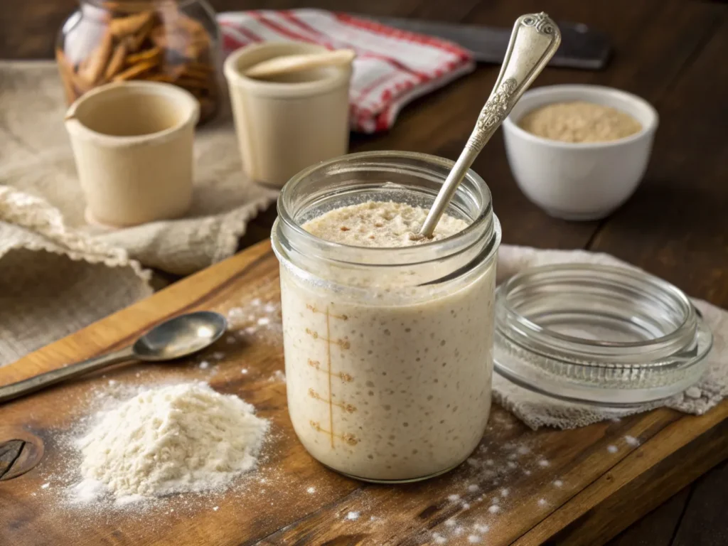 A jar of bubbly sourdough starter with baking ingredients.