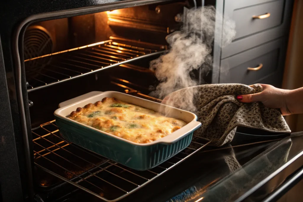 A casserole dish going into the oven for baking.