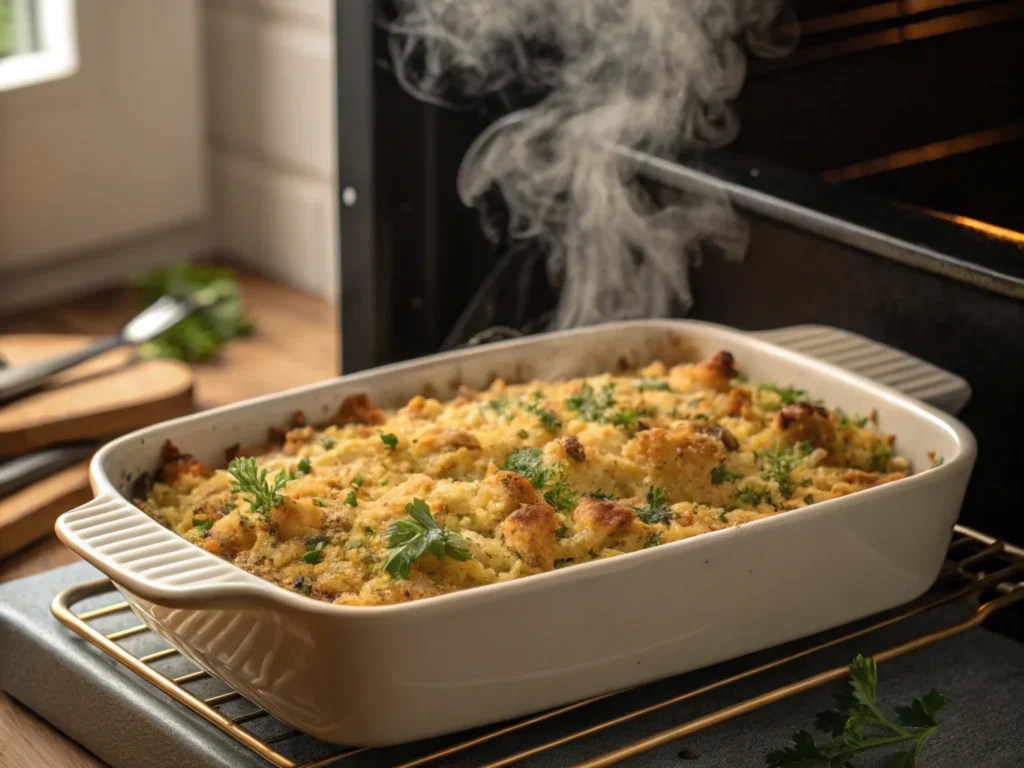 A casserole dish filled with cornbread stuffing, golden brown on top, sitting in the oven with steam rising. The dish is sprinkled with fresh herbs like parsley or sage, ready to come out and be served.