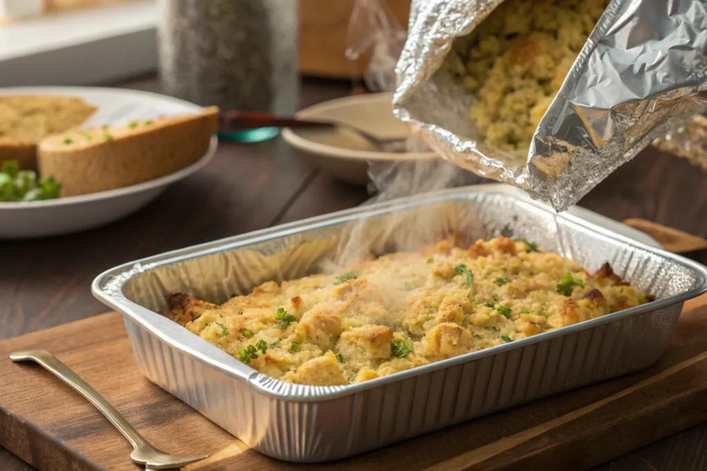 Covering cornbread dressing with foil.