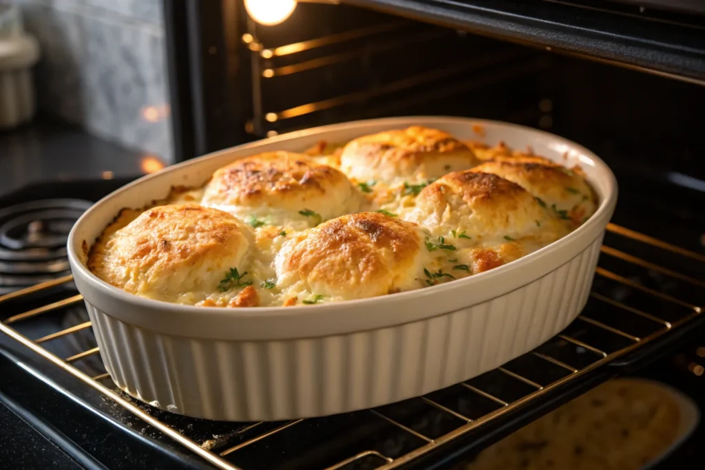 A casserole dish going into the oven to bake.