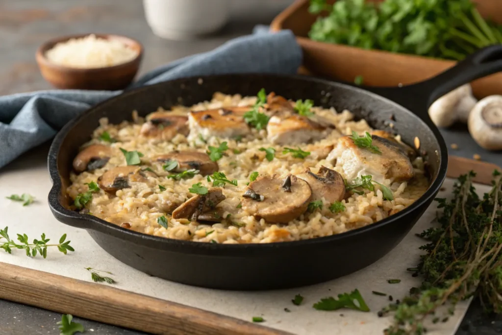 Cream of Mushroom Chicken and Rice cooked in a cast iron skillet, with a golden crust and fresh herbs sprinkled on top.