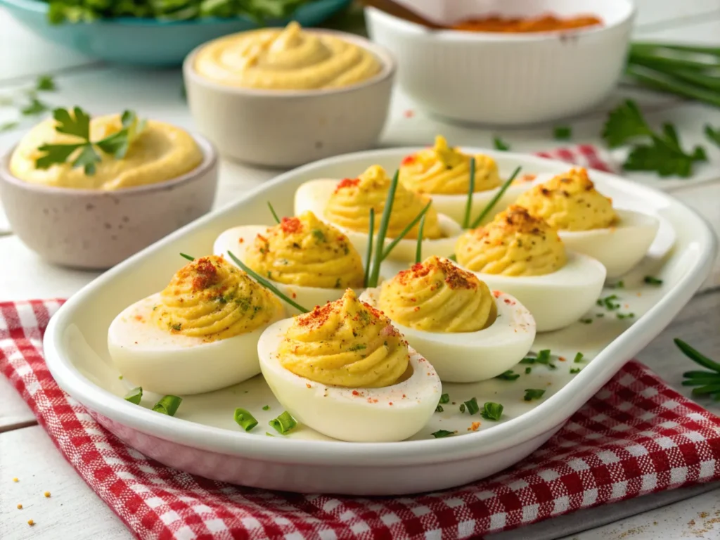 A classic plate of deviled eggs with rich yellow yolk filling, perfectly piped into egg whites, garnished with paprika and chives. The eggs are arranged neatly on a white ceramic dish, with a festive table setting featuring a checkered tablecloth and small bowls of mustard and mayonnaise in the background. The lighting is warm, evoking a nostalgic and comforting atmosphere