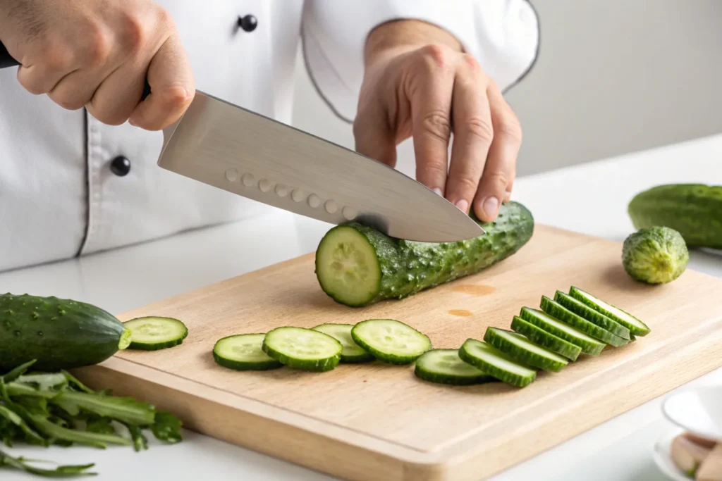 Cucumbers being smashed with a knife on a cutting board.