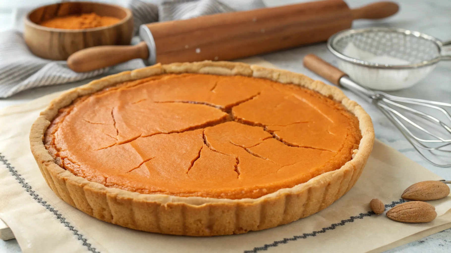 A close-up of a freshly baked sweet potato pie showing visible cracks on its smooth