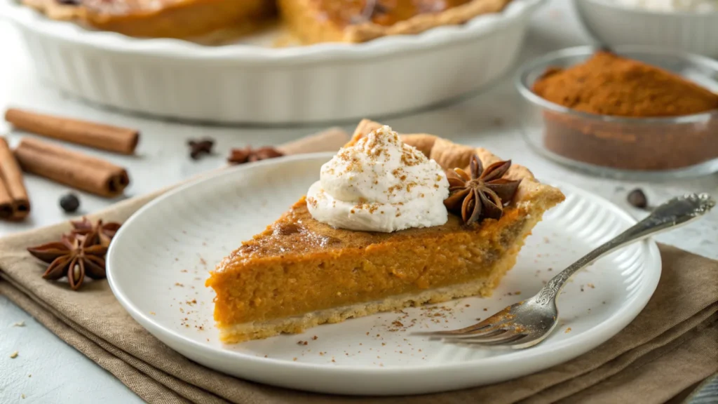 A close-up of a slice of homemade sweet potato pie served on a white ceramic plate. The slice is topped with a dollop of whipped cream and a sprinkle of cinnamon. A fork rests on the plate, and the background includes a soft focus of a whole pie in its dish and scattered spices like nutmeg and cloves.