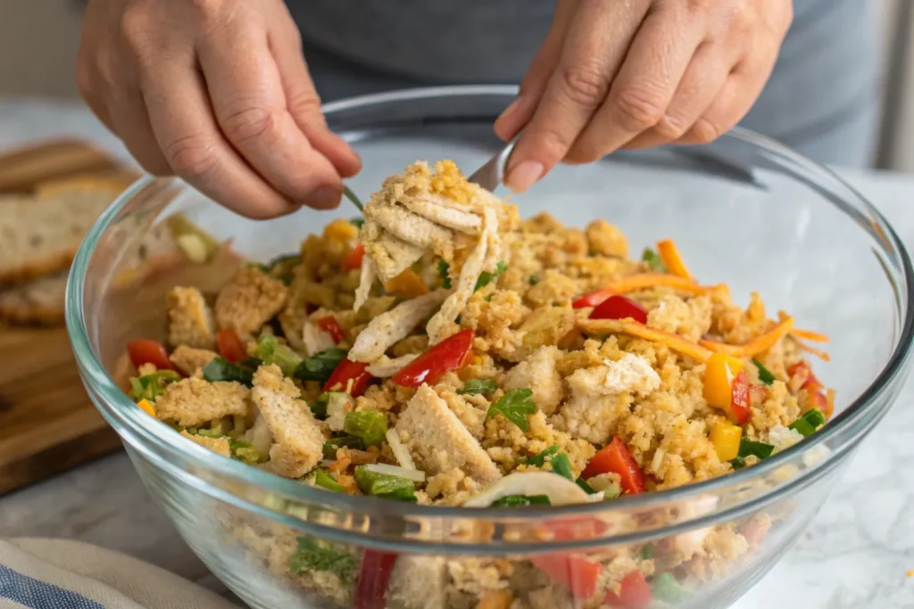 Preparing the casserole mixture in a glass bowl.