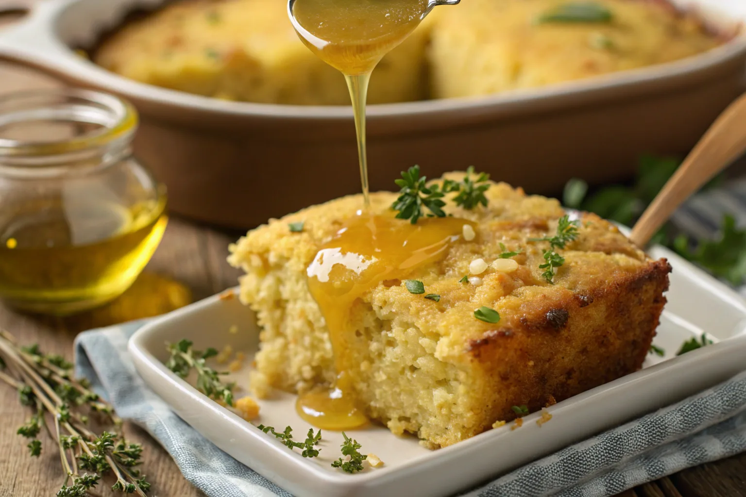 Adding melted butter to moisten dressing.