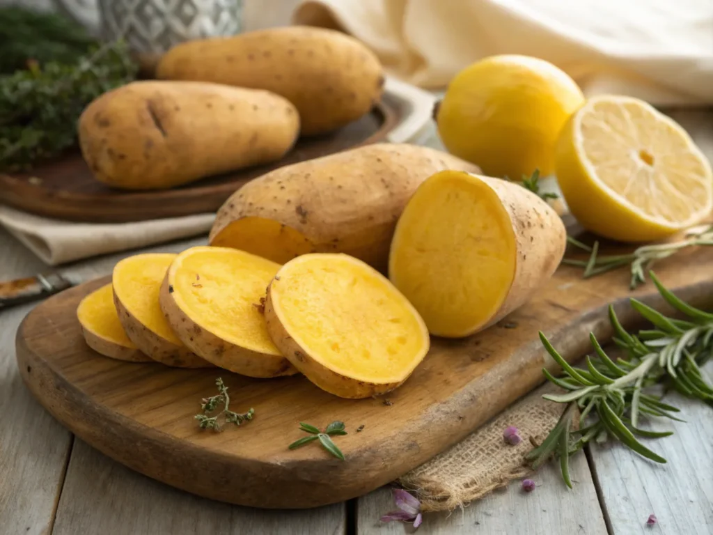 A close-up of yellow sweet potatoes, both whole and sliced to reveal their golden-yellow interior, arranged on a rustic wooden board. The setting includes small props like a lemon and sprigs of fresh herbs to symbolize their balance of mild sweetness and nutrients like vitamin C. The background features soft natural lighting with earthy tones, highlighting the creamy texture and warm color of the yellow sweet potatoes.