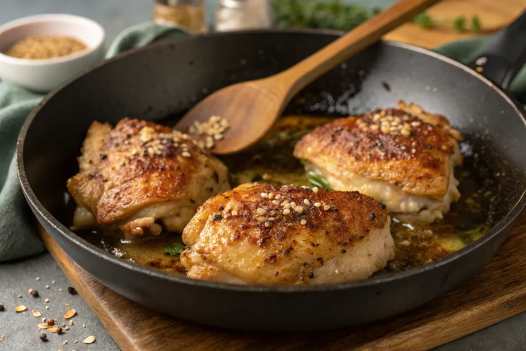 Chicken thighs sizzling in a skillet with golden brown edges and visible seasoning.