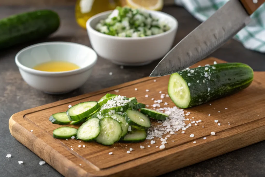 Smashed cucumbers sprinkled with salt on a wooden cutting board.