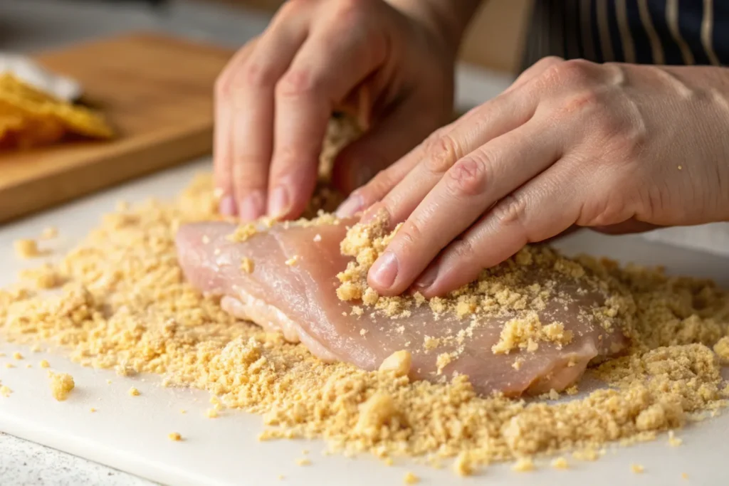 Chicken being coated in crushed Ritz crackers for a crispy finish.