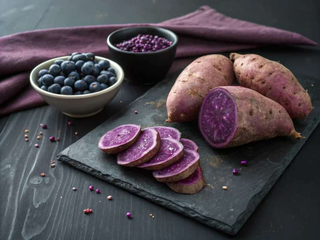 A collection of whole and sliced purple sweet potatoes arranged on a dark slate surface. Include a small bowl of blueberries nearby to symbolize antioxidants, with soft, moody lighting to emphasize the deep, rich purple tones. Add a subtle sparkle effect to suggest health and vitality