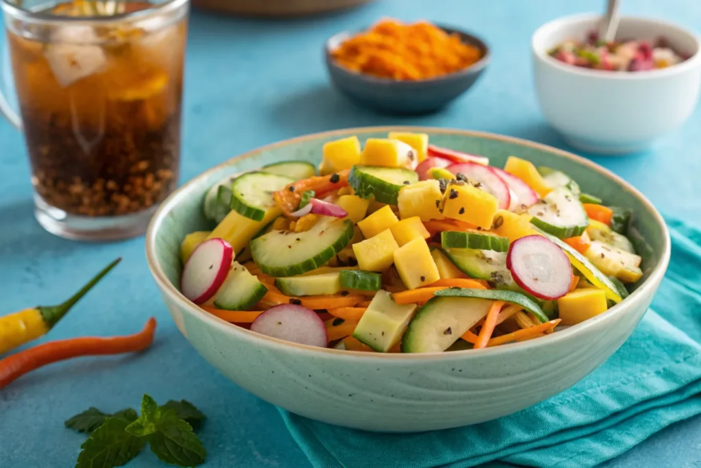 A bowl of spicy cucumber salad with mango, carrots, and radishes on a blue table.