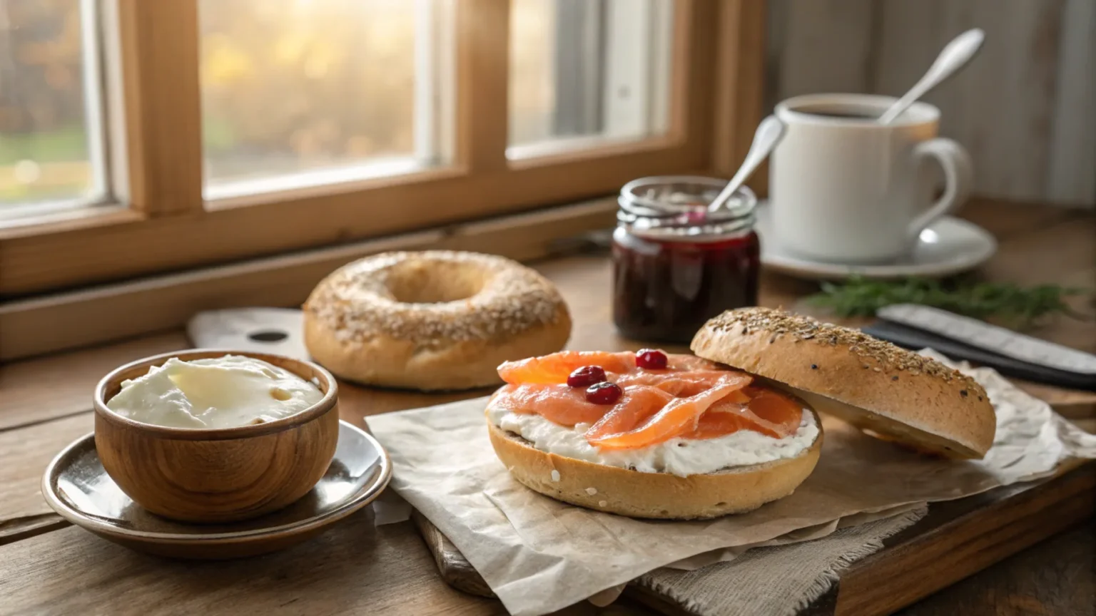 A cozy breakfast scene featuring sourdough and regular bagels side by side on a wooden table. One bagel is topped with cream cheese and lox, and the other has butter and jam. Soft morning light streams through a nearby window, creating a warm and inviting atmosphere.