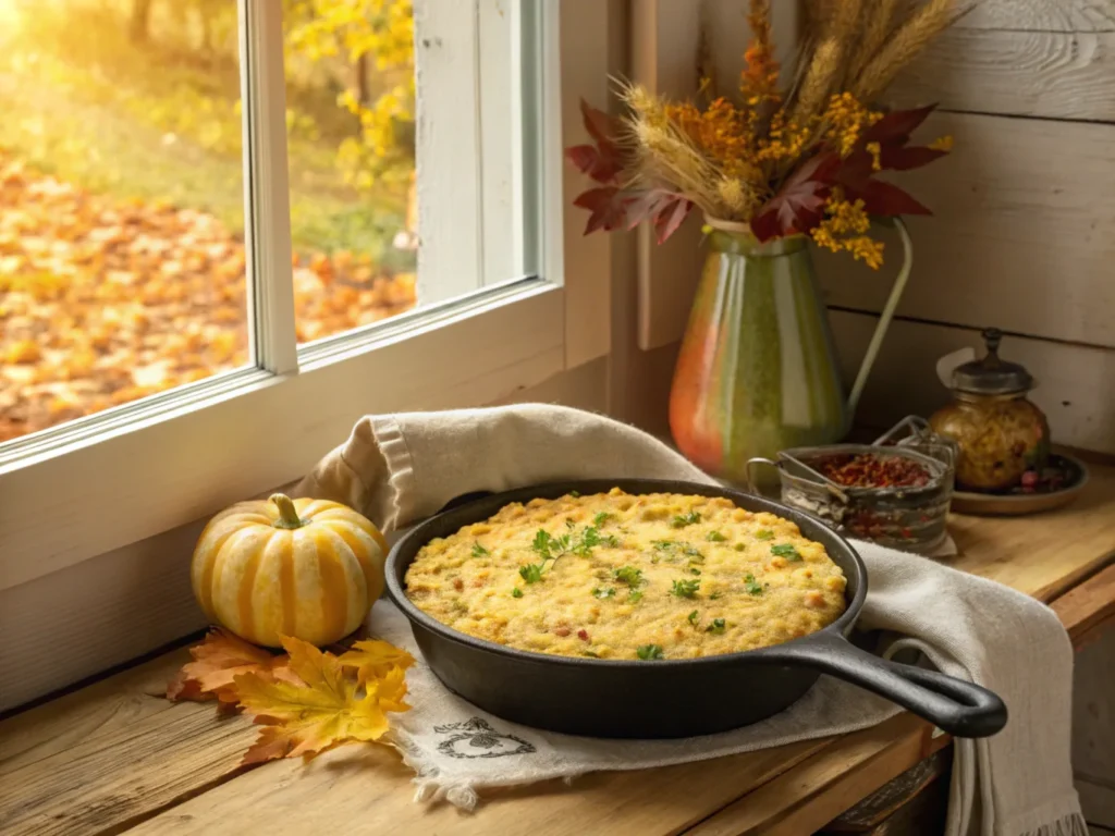 A cozy country kitchen scene, freshly baked Jiffy cornbread dressing in a cast iron skillet, garnished with herbs, next to a window with golden sunlight streaming through, a hint of autumn leaves outside, vibrant yellows, oranges, and browns, detailed textures --ar 16:9 --c 20 --s 500 --q 2