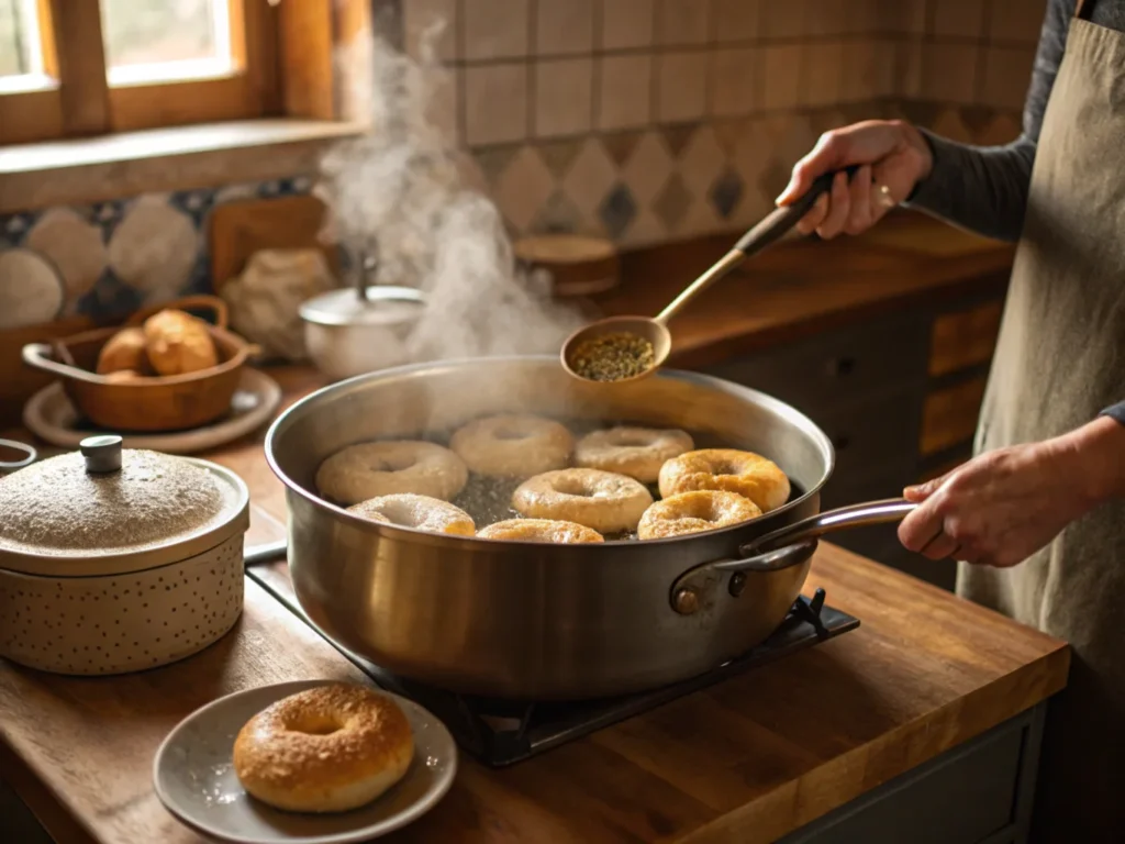 Sourdough bagels boiling in a large pot, with steam rising and hands holding a slotted spoon in a cozy kitchen setting