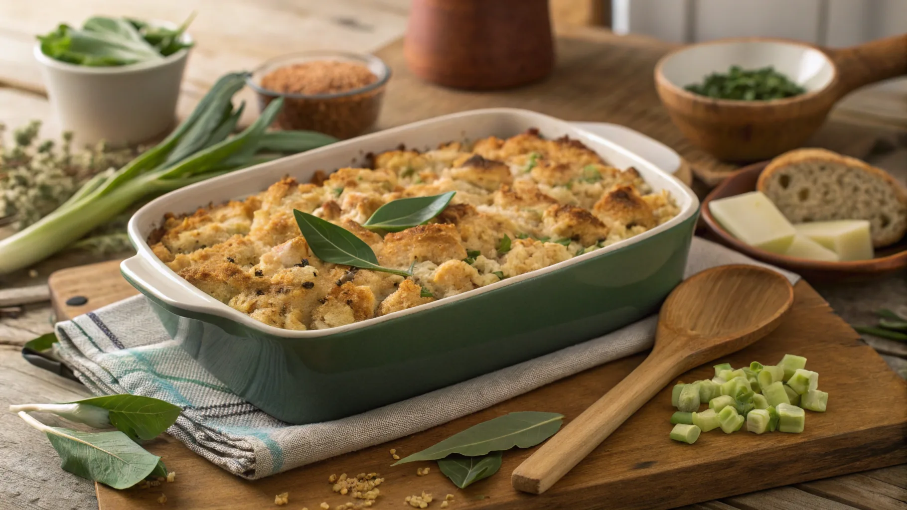 A cozy Southern kitchen scene with a large casserole dish of golden-brown cornbread dressing, topped with crispy edges and garnished with fresh herbs like sage. A wooden spoon rests nearby, with ingredients like shredded chicken, diced onions, celery, and cornbread crumbs spread out on a rustic wooden countertop. Warm lighting enhances the comfort-food vibe.