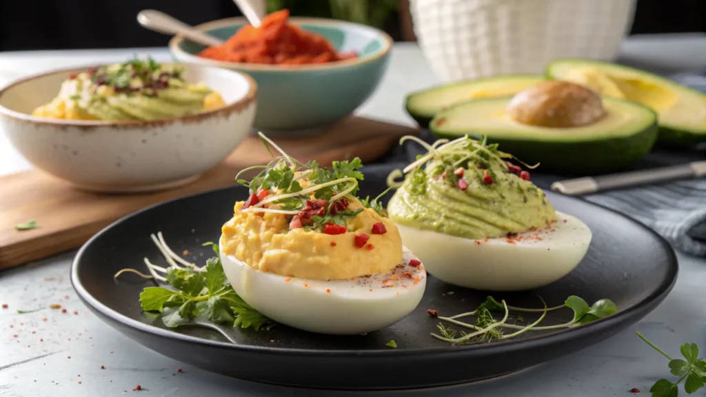 A creative fusion of angel eggs and deviled eggs, featuring a half-and-half design in each egg—one side with vibrant avocado and hummus filling, the other with creamy yellow yolk and mayo mixture. Each egg is garnished with a combination of microgreens, paprika, and chives, arranged artistically on a sleek black plate. The background shows a modern kitchen with bowls of ingredients and cooking utensils in soft lighting