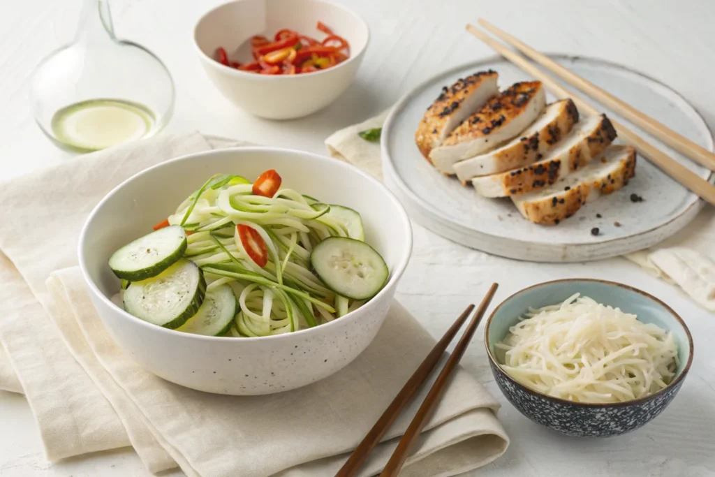 Asian cucumber salad with grilled chicken