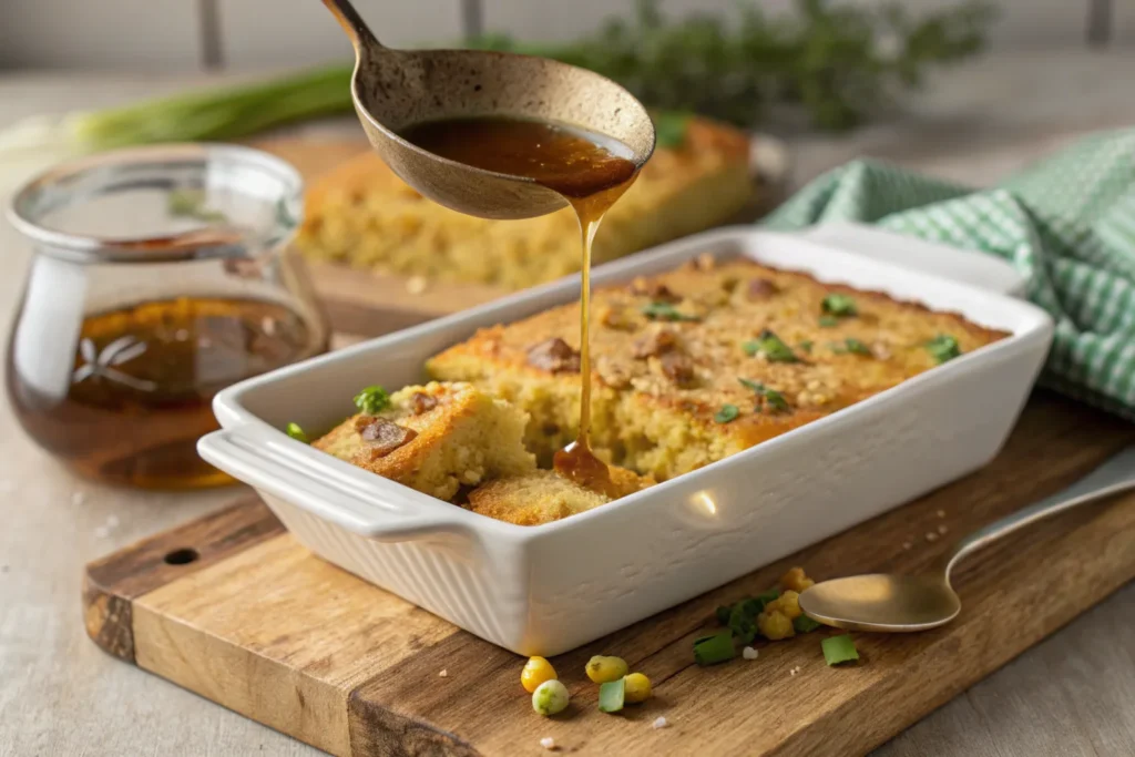 Adding broth to dry cornbread dressing.