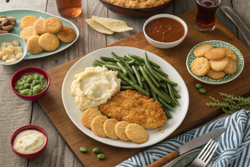 Crispy Ritz Cracker Chicken served on a platter with classic comfort food sides.