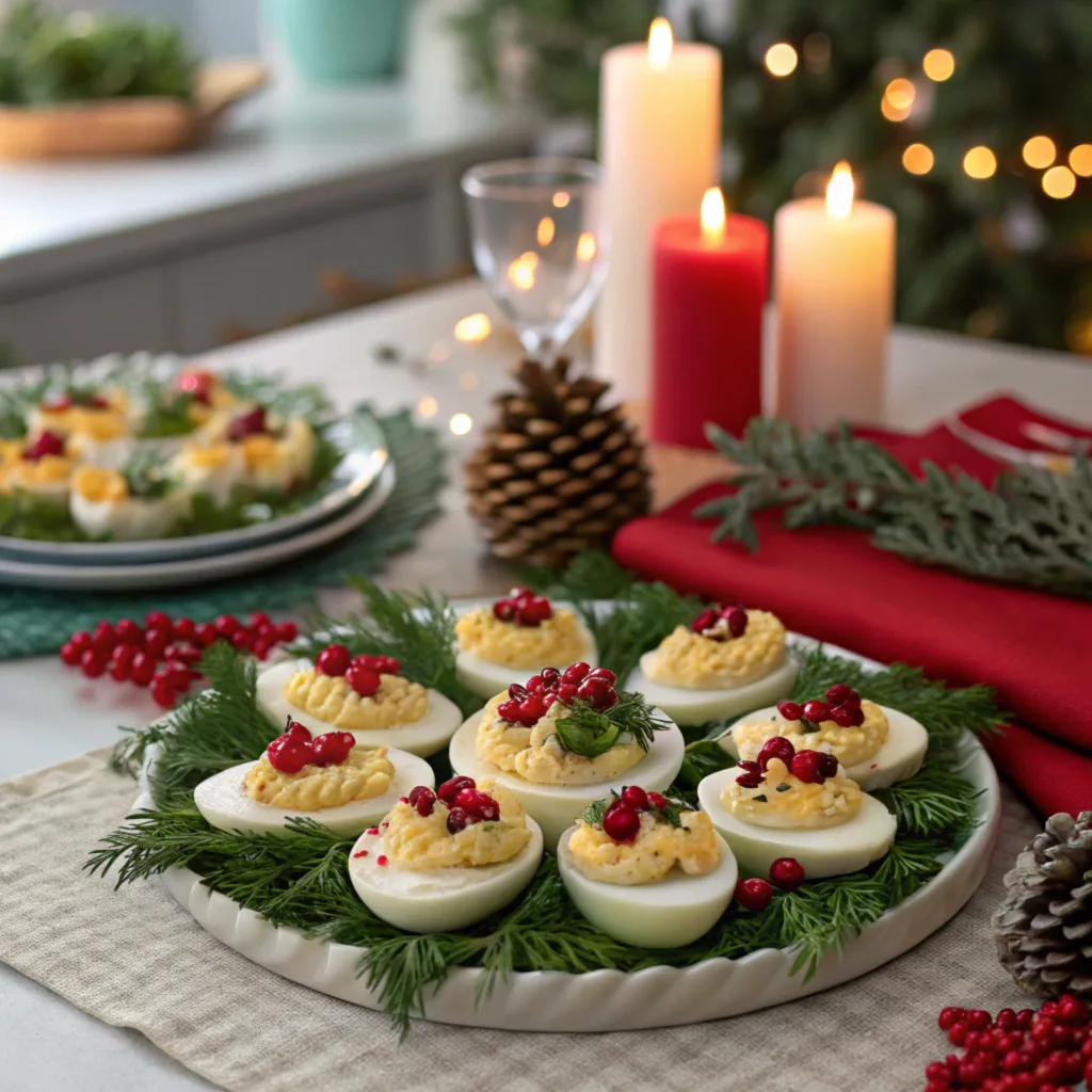 a-festive-holiday-table-centerpiece-featuring-a-platter-of-beautifully-garnished-deviled-eggs-arranged-in-a-circular-wreath-design