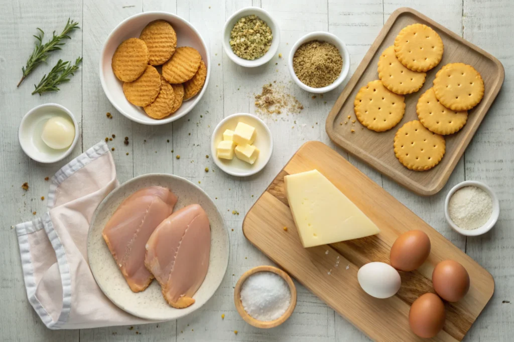 Ingredients for making Ritz Cracker Chicken laid out on a wooden surface.