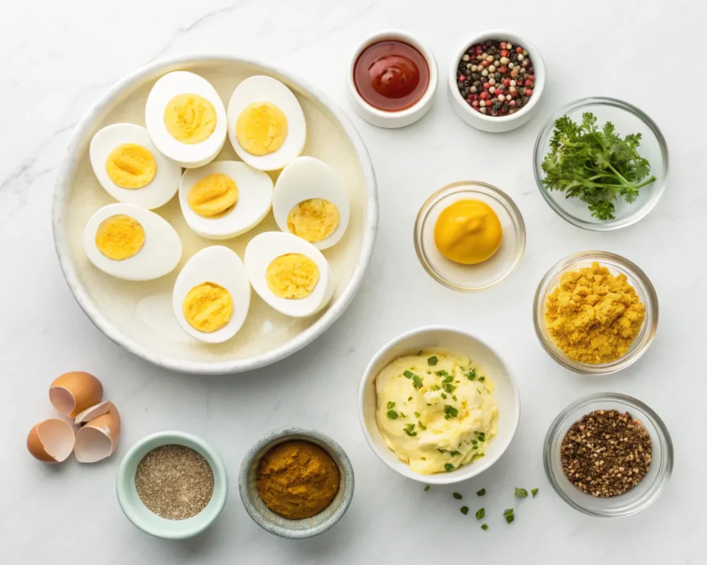 a flat lay of fresh ingredients for deviled eggs