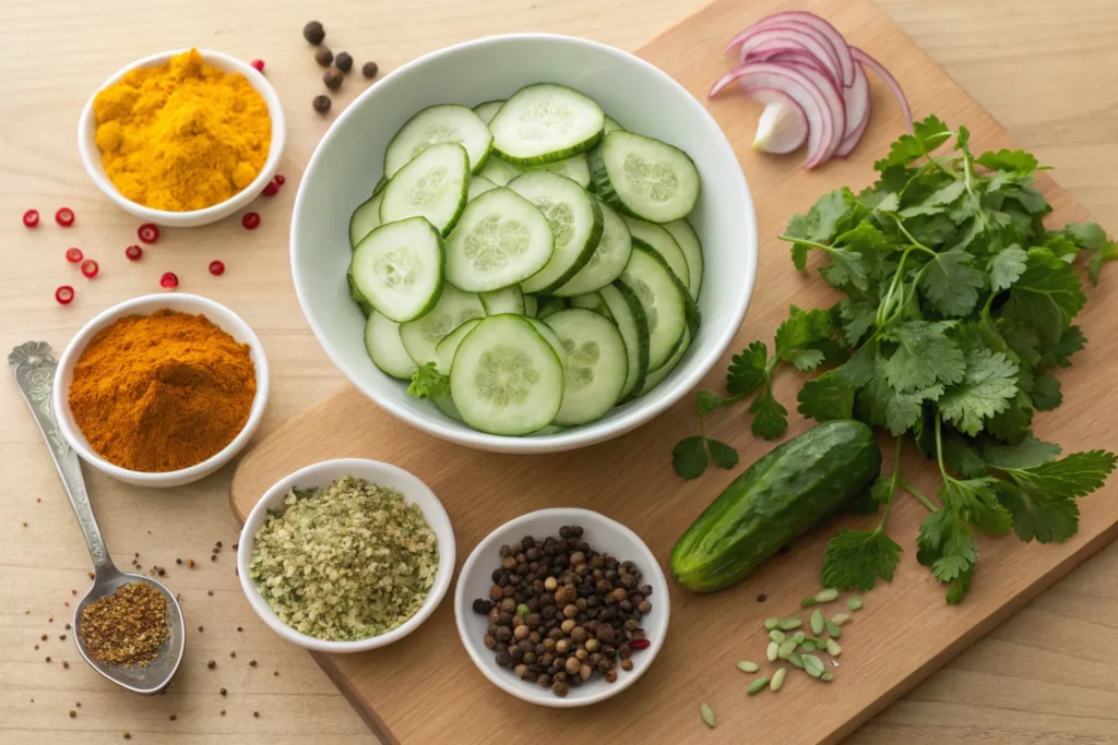 Fresh cucumbers, red chili powder, mustard seeds, lime, and cilantro on a wooden countertop.