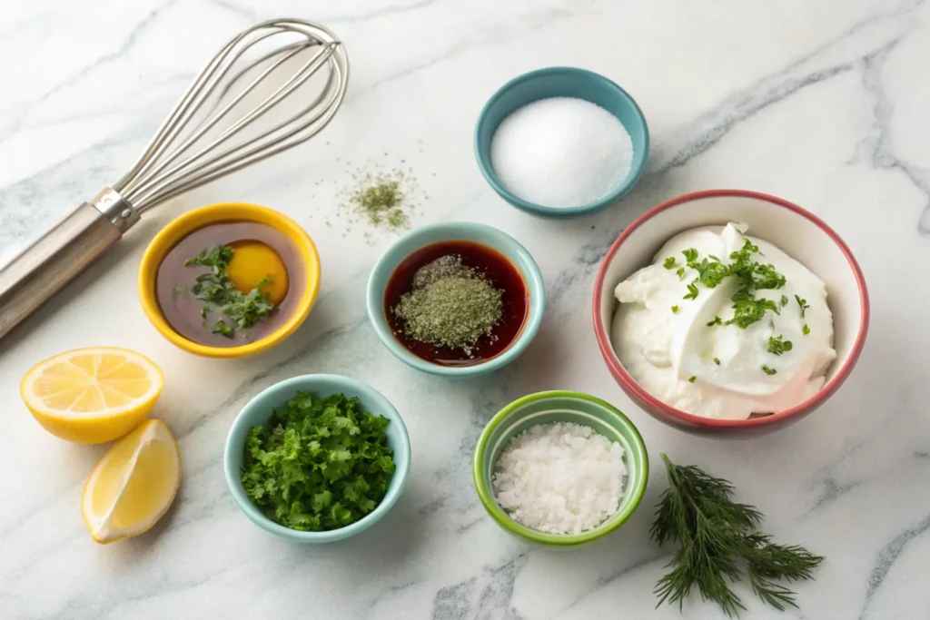 Ingredients for creamy cucumber salad dressing.