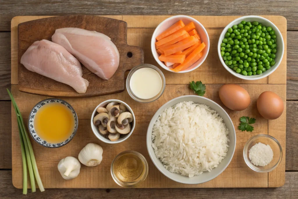 Ingredients for Cream of Mushroom Chicken and Rice arranged on a wooden countertop, including chicken, rice, soup, and vegetables.