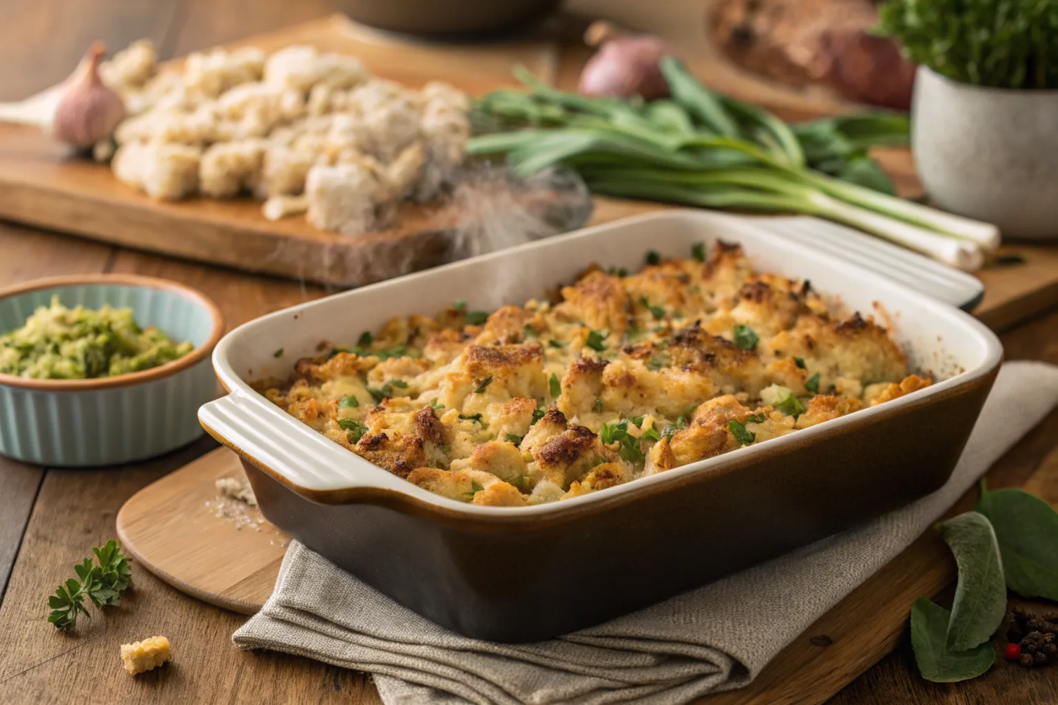 Chicken dressing casserole fresh out of the oven, topped with golden stuffing